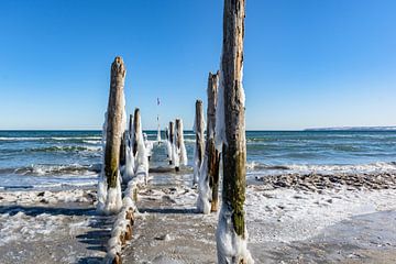 des épis glacés sur la plage de Juliusruh, Rügen