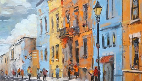 Ville colorée en orange, jaune et bleu