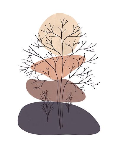 Minimalistisch landschap met een boom en organische vormen