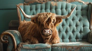 Schotse Hooglanders ontspannen op een groene bank van Beefboy