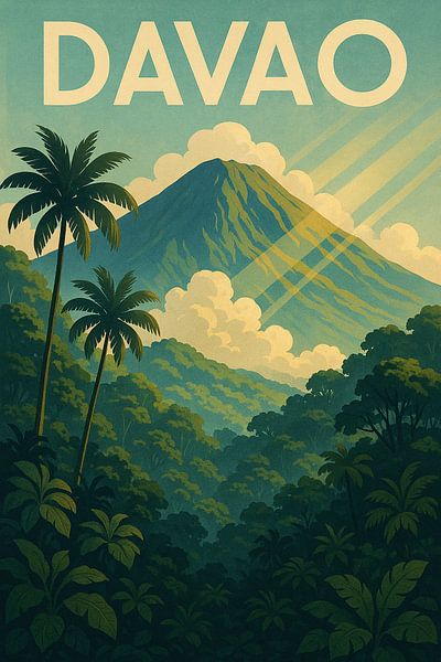 Davao Vintage Travel Poster – Mount Apo Volcano &amp; Jungle Landscape by Travel Shop