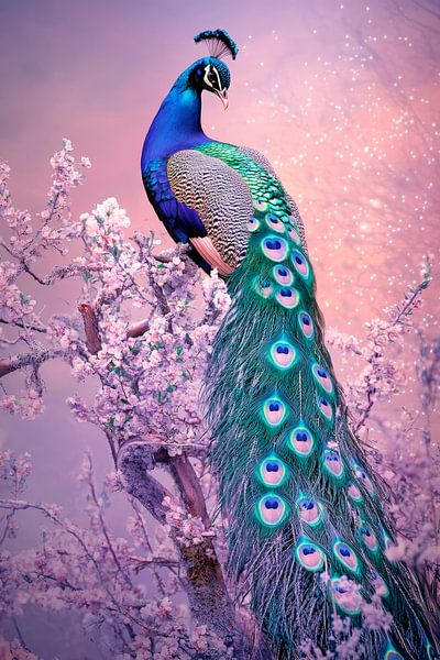Magnificent peacock against a floral background by Poster Art Shop