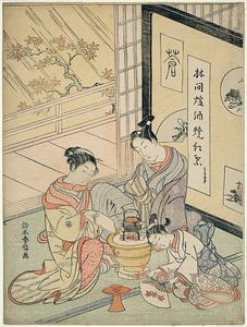 Suzuki Harunobu - Burning Maple Leaves to Heat Sake