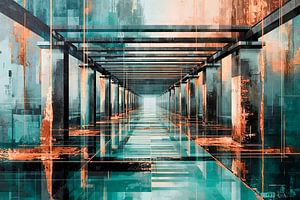 Abstraktes Architektur-Wandbild – Malerischer Laubengang in Petrol, Anthrazit & Bronze