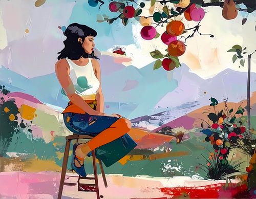 Meisje op kruk bij appelboom