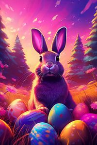 Osterhase mit bunten Ostereiern im Gras mit Birkenbäumen