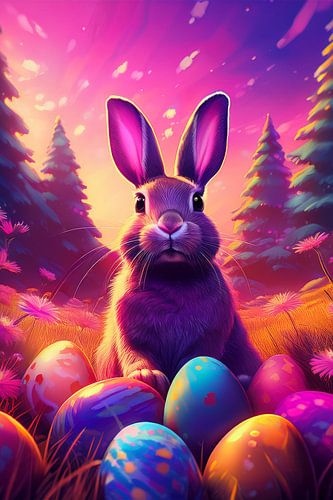 Paashaas met kleurrijke paaseieren in het gras met berkenbomen