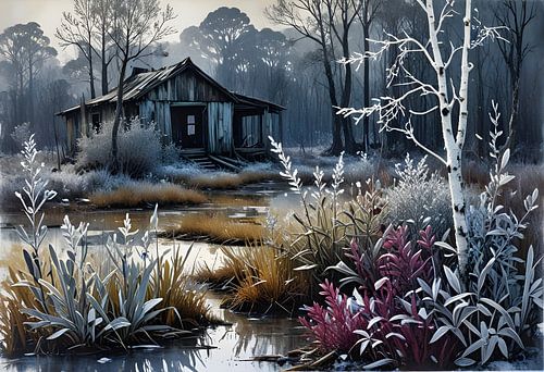 vervallen huis in een Scandinavisch landschap