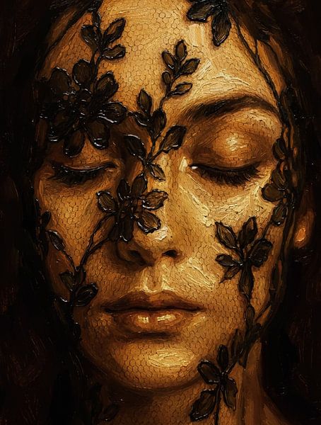 Portrait à l'huile à la texture chaude d'une femme avec un voile de dentelle florale par Ramy Salah Hefny