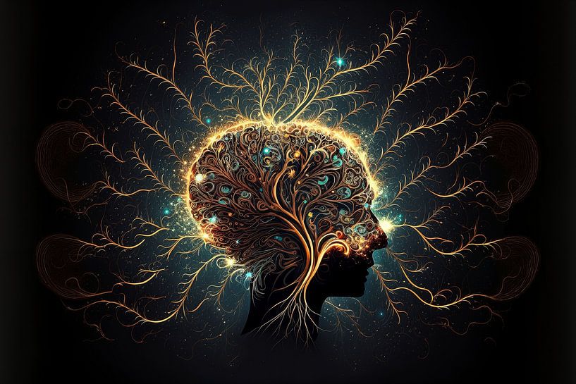 Golden brain with futuristic face by Surreal Media