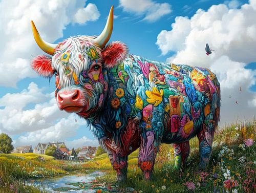 Kleurrijke koe in een landschap vol fantasierijke patronen