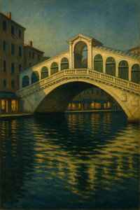 Venedig Abend: Die Rialto-Brücke und Kanalspiegelungen