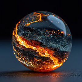 Lave incandescente et roches dans une boule de verre
