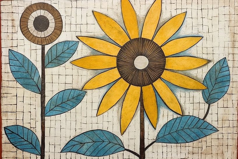 Zonnebloem | Zonnige symfonie | Madhubani bloemenschildering van Blikvanger Schilderijen