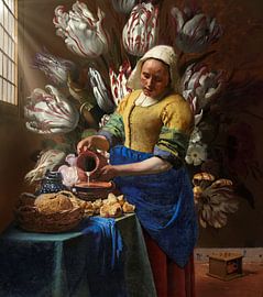 The milkmaid by Johannes Vermeer with a flower wallpaper by Balthasar van der Ast by Digital Art Studio