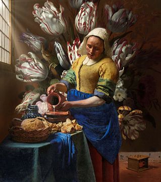 La laitière de Johannes Vermeer avec un papier peint à fleurs de Balthasar van der Ast sur Digital Art Studio