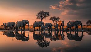 Herd of elephants by the water