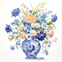 Blauw stenen vaas met bloemen boeket