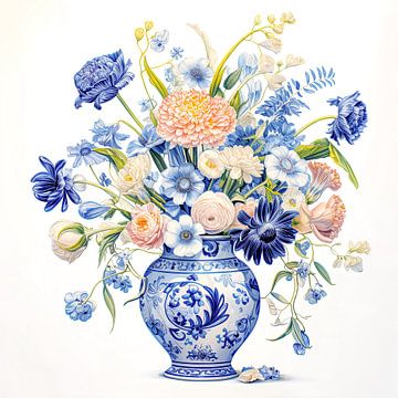 Blauw stenen vaas met bloemen boeket van Vlindertuin-Art