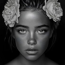 Ein zeitloses Schwarz-Weiß-Porträt einer schönen Frau, umgeben von eleganten Blumen in einer kunstvollen digitalen Komposition von ByLulu