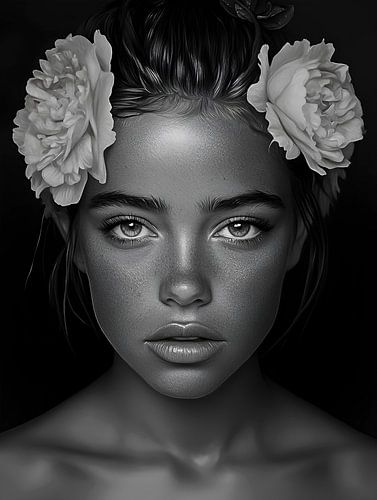 Een Tijdloos Zwart-Wit Portret van een Prachtige Vrouw, Omringd door Elegante Bloemen in een Kunstzinnige Digitale Compositie van ByLulu