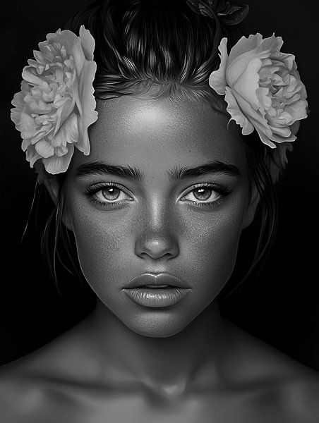 Ein zeitloses Schwarz-Weiß-Porträt einer schönen Frau, umgeben von eleganten Blumen in einer kunstvollen digitalen Komposition von ByLulu