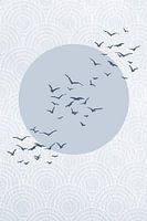 Japandi. Abstract landscape with pastel blue sun and birds on Japanese bullseye pattern