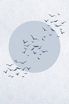 Japandi. Abstract landschap met pastelblauwe zon en vogels op Japans bullseye patroon van Dina Dankers