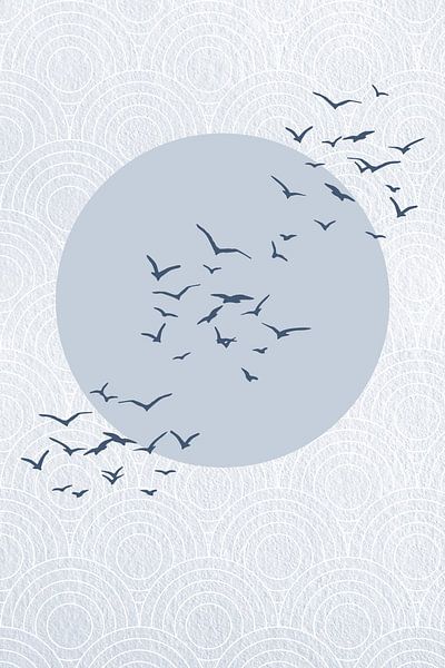 Japandi. Abstract landscape with pastel blue sun and birds on Japanese bullseye pattern by Dina Dankers
