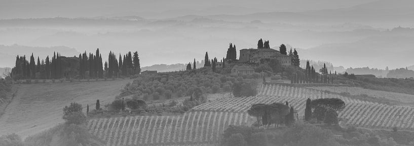 Monochrome Toskana im Format 6x17, Landschaft bei San Gimignano II von Teun Ruijters