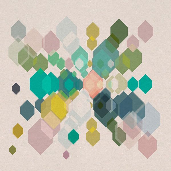 Colorful 70s retro geometric abstraction in turquoise, pink, blue by Dina Dankers