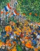 Celebration King's Day public holiday canal Amsterdam with flags