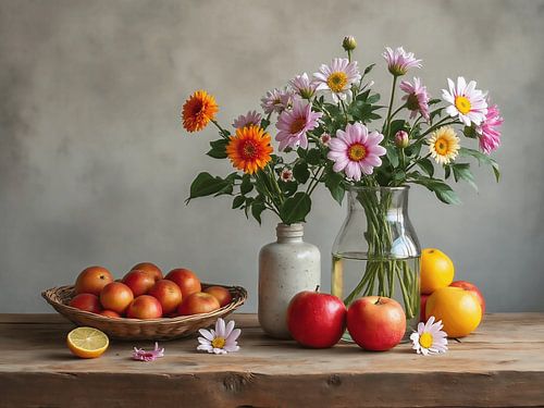 Stilleben mit bunten Blumen und Früchten