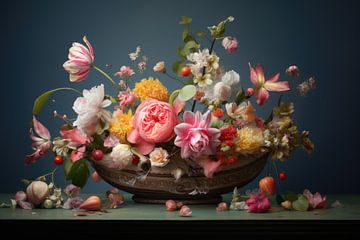Bloemen in houten vaas stilleven van Digitale Schilderijen