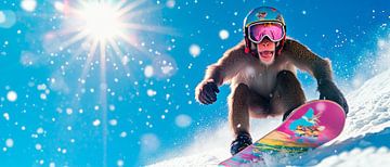 Sledende aap op een snowboard van Poster Art Shop