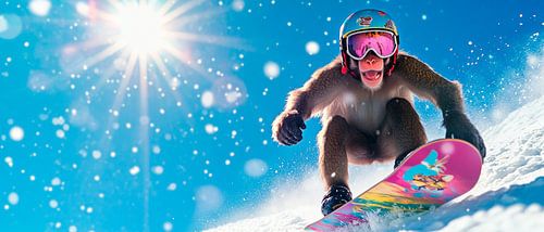 Sledende aap op een snowboard