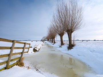Sneeuw bedekt het polderlandschap bij Noordeloos in de winter