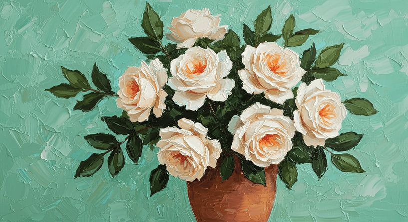 Roses blanches dans un vase vert - Nature morte florale post-impressionniste expressive par Kimita Jennaira
