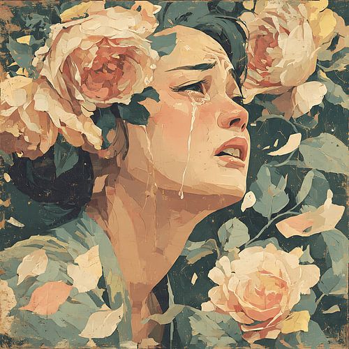 Huilende vrouw met bloeiende rozen