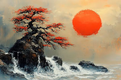 schilderachtige japanse kunst rijzende zon in landschap
