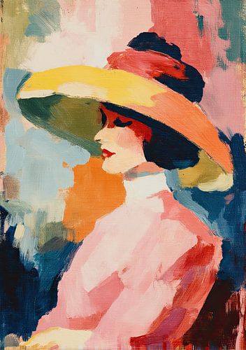 An elegant lady in profile wearing a colourful hat