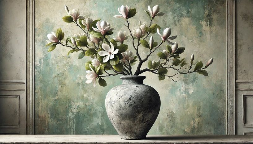 Magnolia Branch in Weathered Vase with Spring Background by Kleurenrijk