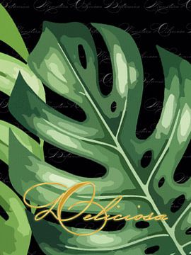 Monstera auf Schwarz mit Deliciosa als Triptychon 2 v. 3