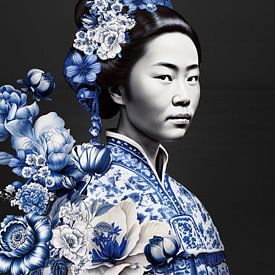 Japanese woman in Delft blue on black background, modern variation on a Geisha portrait by Mijke Konijn