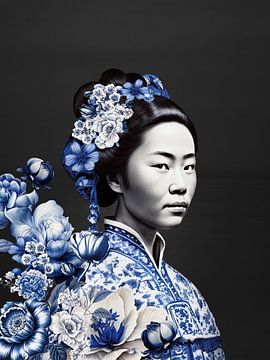 Japanse vrouw in Delfts blauw op zwarte achtergrond, moderne variatie op een Geisha portret van Mijke Konijn