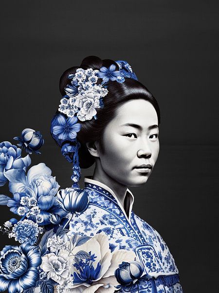 Femme japonaise en bleu de Delft sur fond noir, variation moderne d'un portrait de geisha par Mijke Konijn