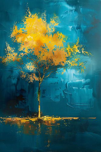 Abstracte boom met gele en blauwe kleuren