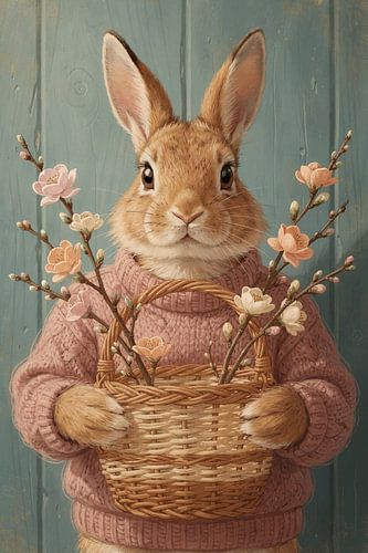 Bloesemdrager – konijn met mandje vol lentebloemen