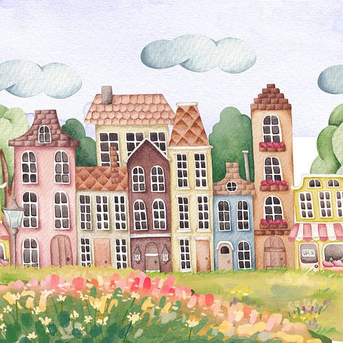 artheroes Charming Watercolor Village Houses by Geovia