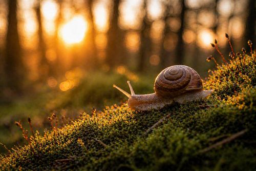 Panneau mural nature : un escargot dans la mousse à la lumière du soir – Une photographie macro apaisante avec effet bokeh pour le salon